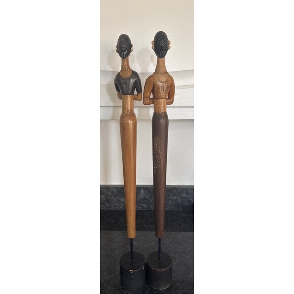 Hand-Carved African-Inspired Wooden Female Figurines Statues On Black Stands - Picture 10 of 16